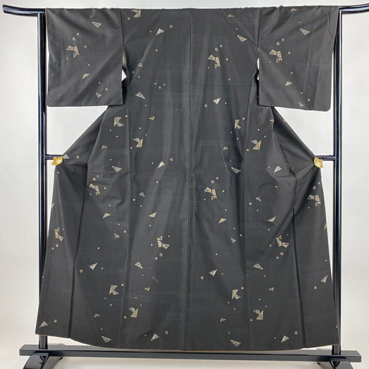 小紋 身長155cm 袖長63.5cm S 雙層 紬織織 幾何學 金絲 刺繡 焦茶 純蠶絲 名品級