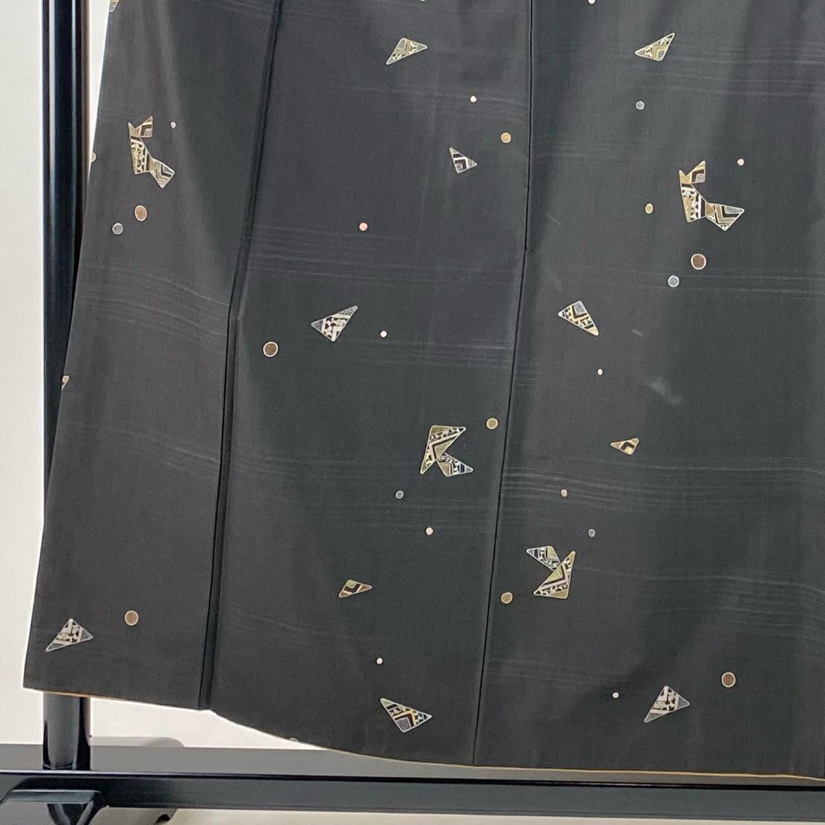 小紋 身長155cm 袖長63.5cm S 雙層 紬織織 幾何學 金絲 刺繡 焦茶 純蠶絲 名品級