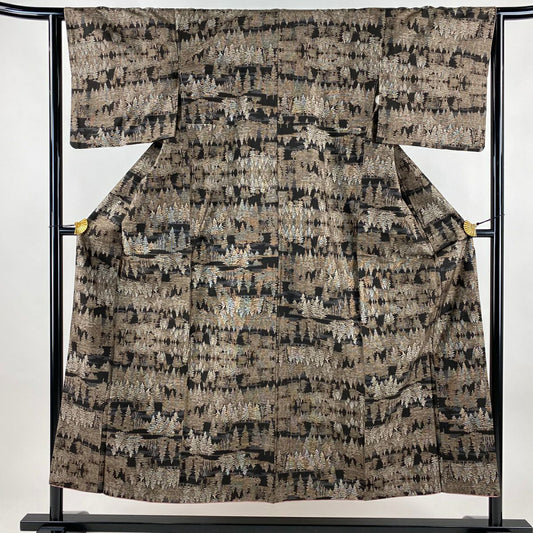 【美品】 紬織織 身長152cm 袖長63cm S 雙層 樹木 焦茶 純蠶絲 名品級