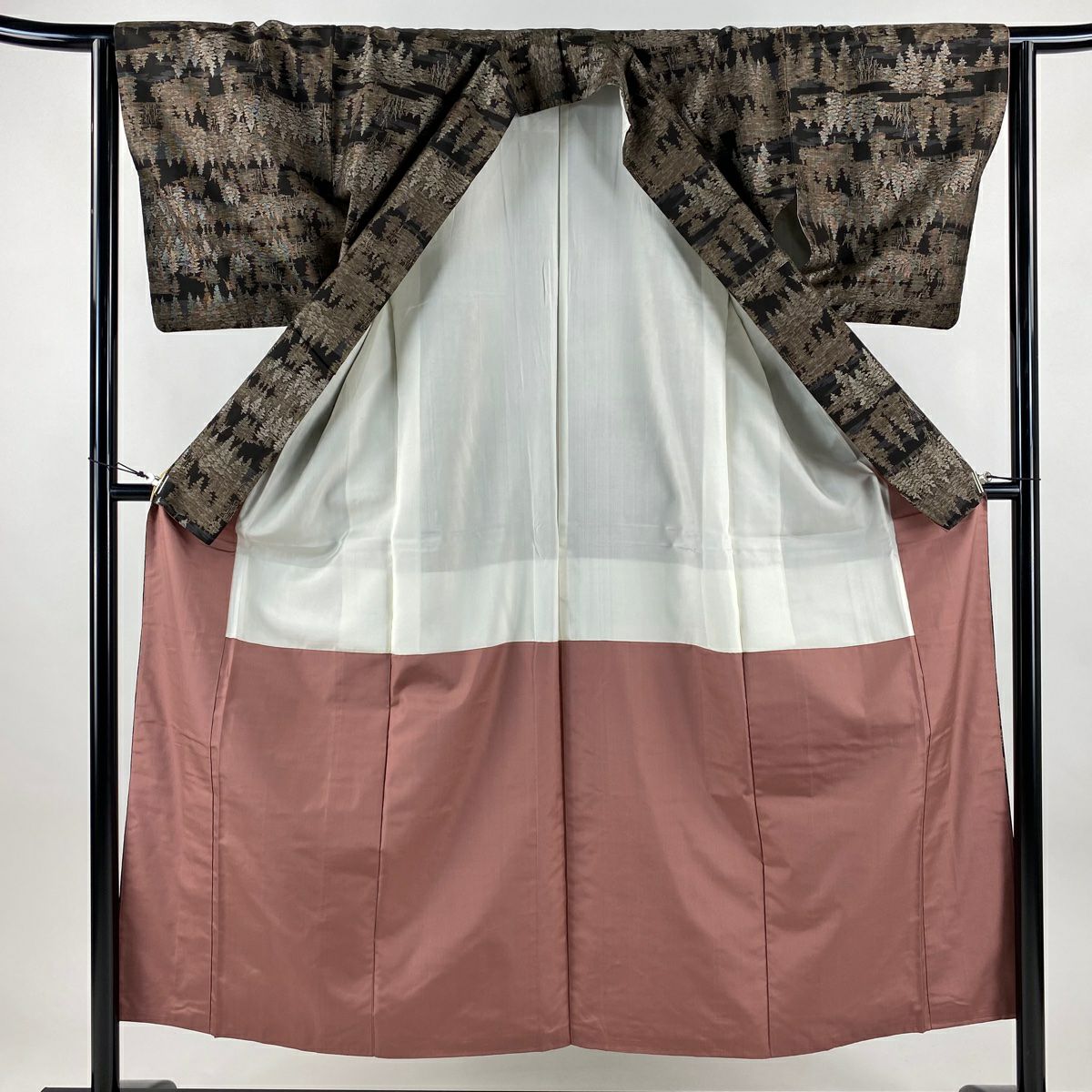 【美品】 紬織織 身長152cm 袖長63cm S 雙層 樹木 焦茶 純蠶絲 名品級