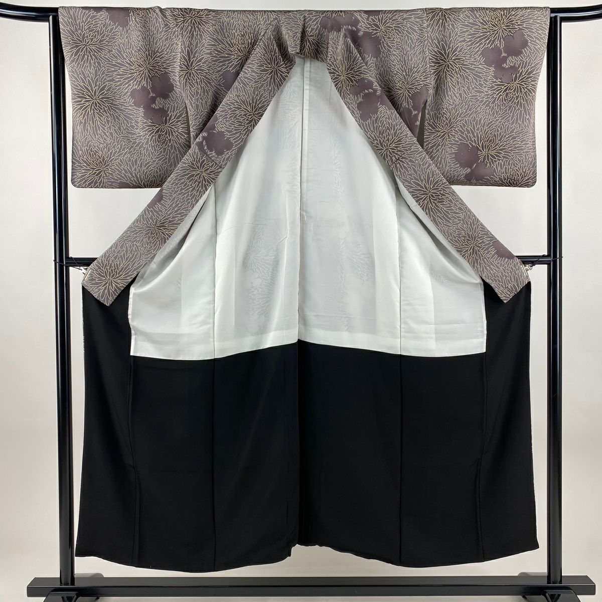 小紋 身長151.5cm 袖長63cm S 雙層 菊花 漸層 絞織 灰紫 純蠶絲 名品級