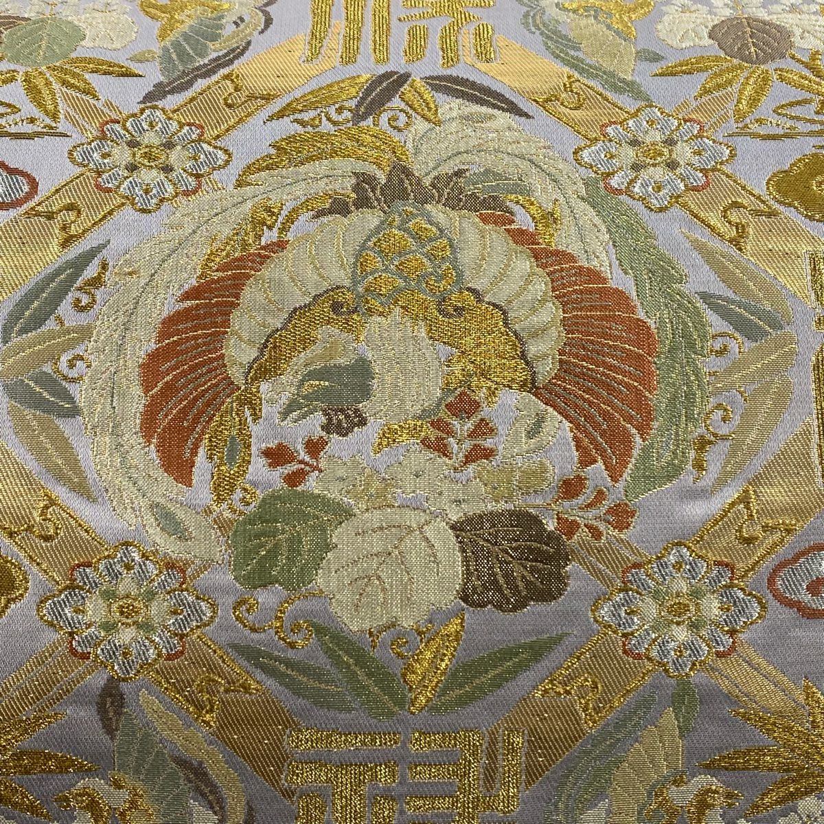【美品】 袋帶 秀品級 桐竹子鳳凰紋 文字紋 金銀線 金金箔 灰紫 六通 純蠶絲