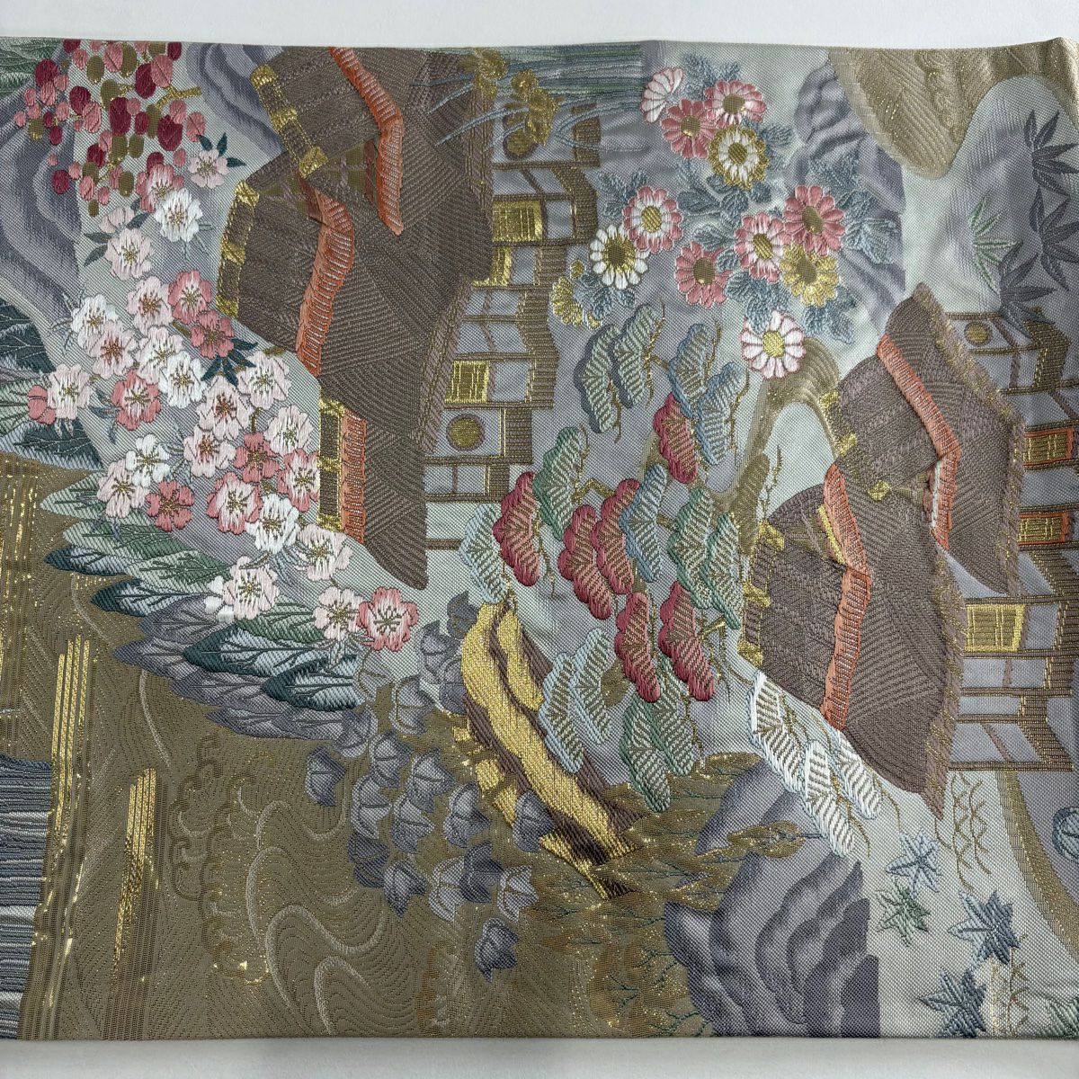 【美品】 袋帶 秀品級 關西仕立 家屋 松樹竹子梅花 金糸 金金箔 灰紫 六通 純蠶絲