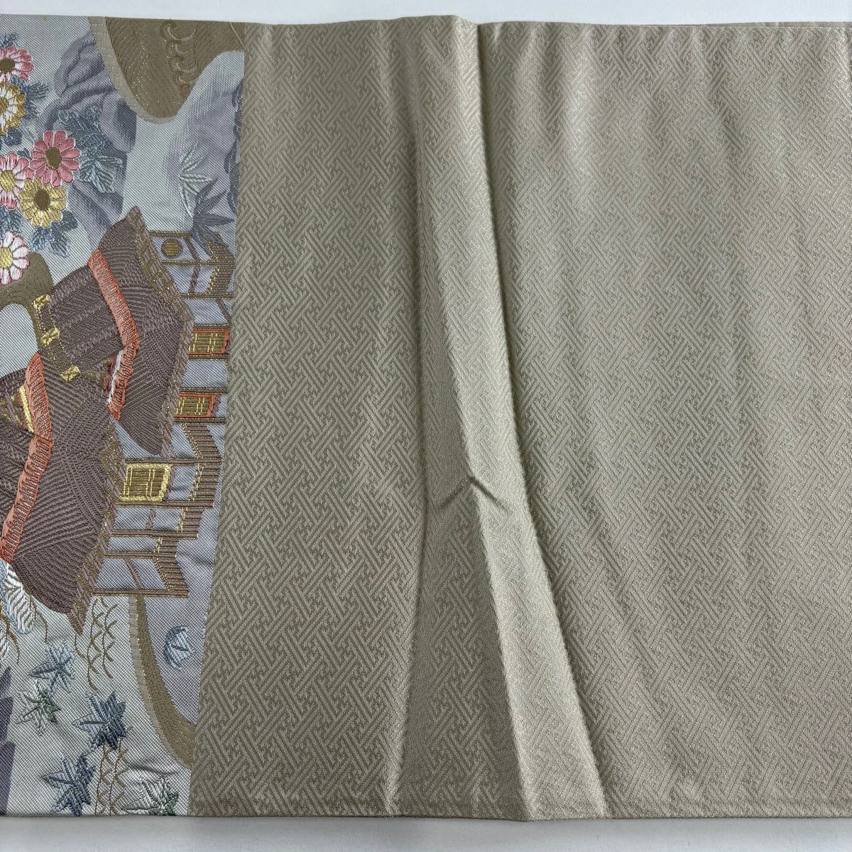 【美品】 袋帶 秀品級 關西仕立 家屋 松樹竹子梅花 金糸 金金箔 灰紫 六通 純蠶絲