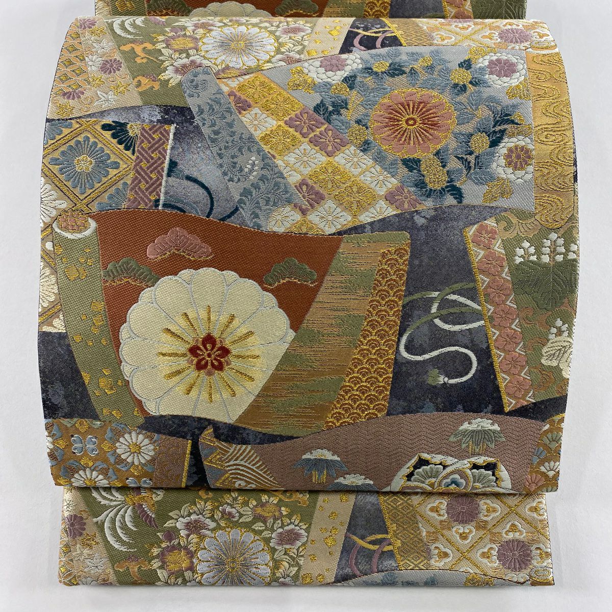 【美品】 袋帶 秀品級 卷物 草花紋 金絲 金金箔 灰 深藍 六通 純蠶絲