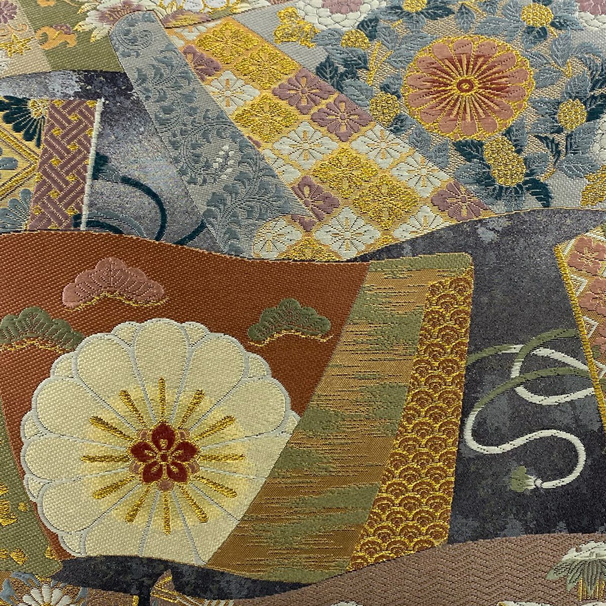 【美品】 袋帶 秀品級 卷物 草花紋 金絲 金金箔 灰 深藍 六通 純蠶絲