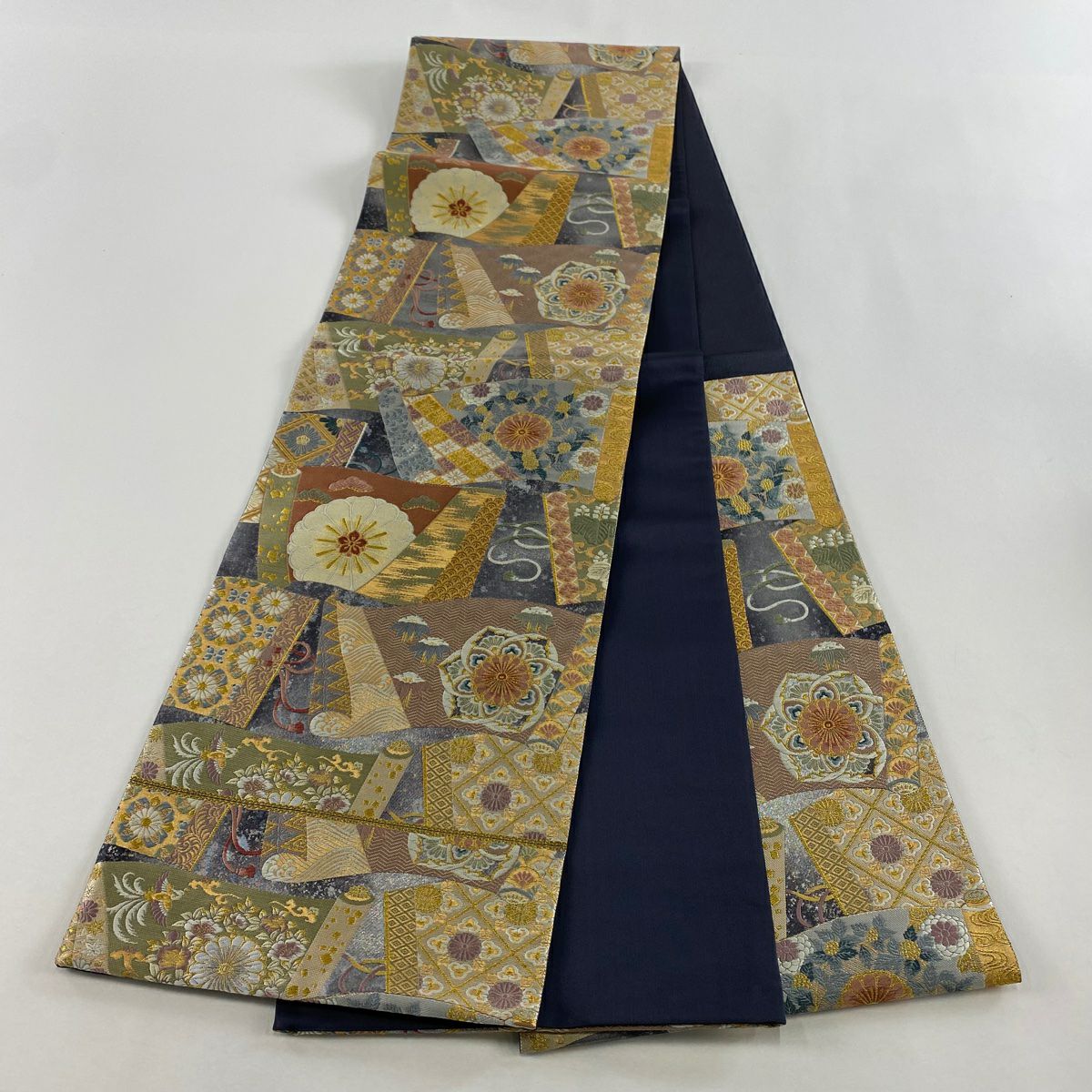 【美品】 袋帶 秀品級 卷物 草花紋 金絲 金金箔 灰 深藍 六通 純蠶絲
