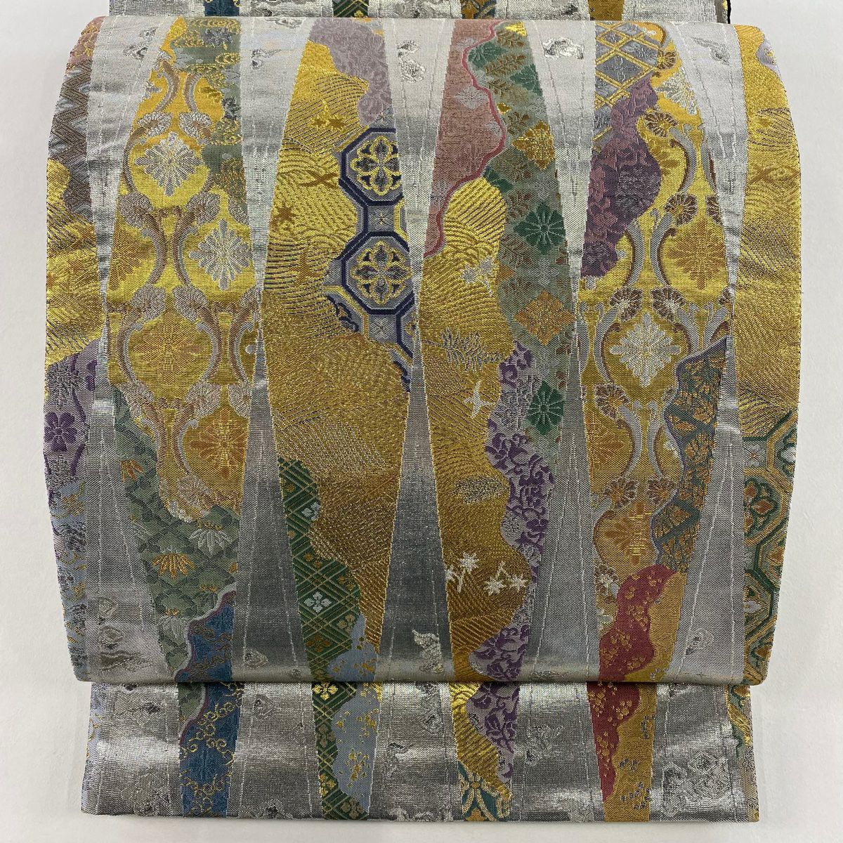袋帶 秀品級 附有落款 草花紋紋 波紋 金絲 金金箔 銀 六通 純蠶絲