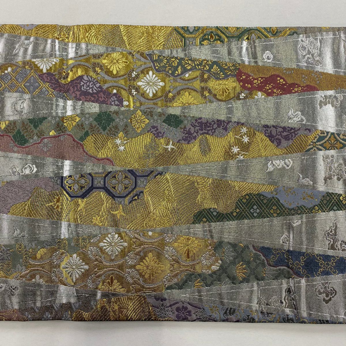 袋帶 秀品級 附有落款 草花紋紋 波紋 金絲 金金箔 銀 六通 純蠶絲