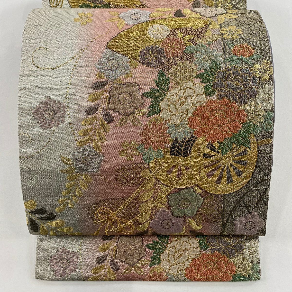 【美品】 袋帶 秀品級 花車 扇子 金絲 金金箔 粉色 六通 純蠶絲