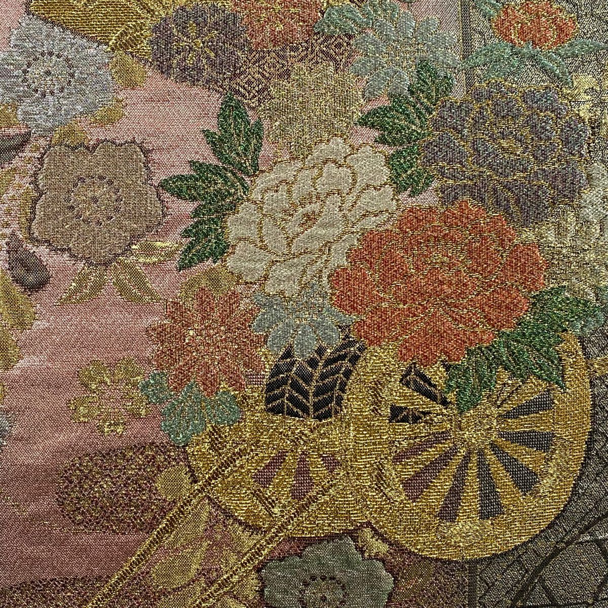 【美品】 袋帶 秀品級 花車 扇子 金絲 金金箔 粉色 六通 純蠶絲
