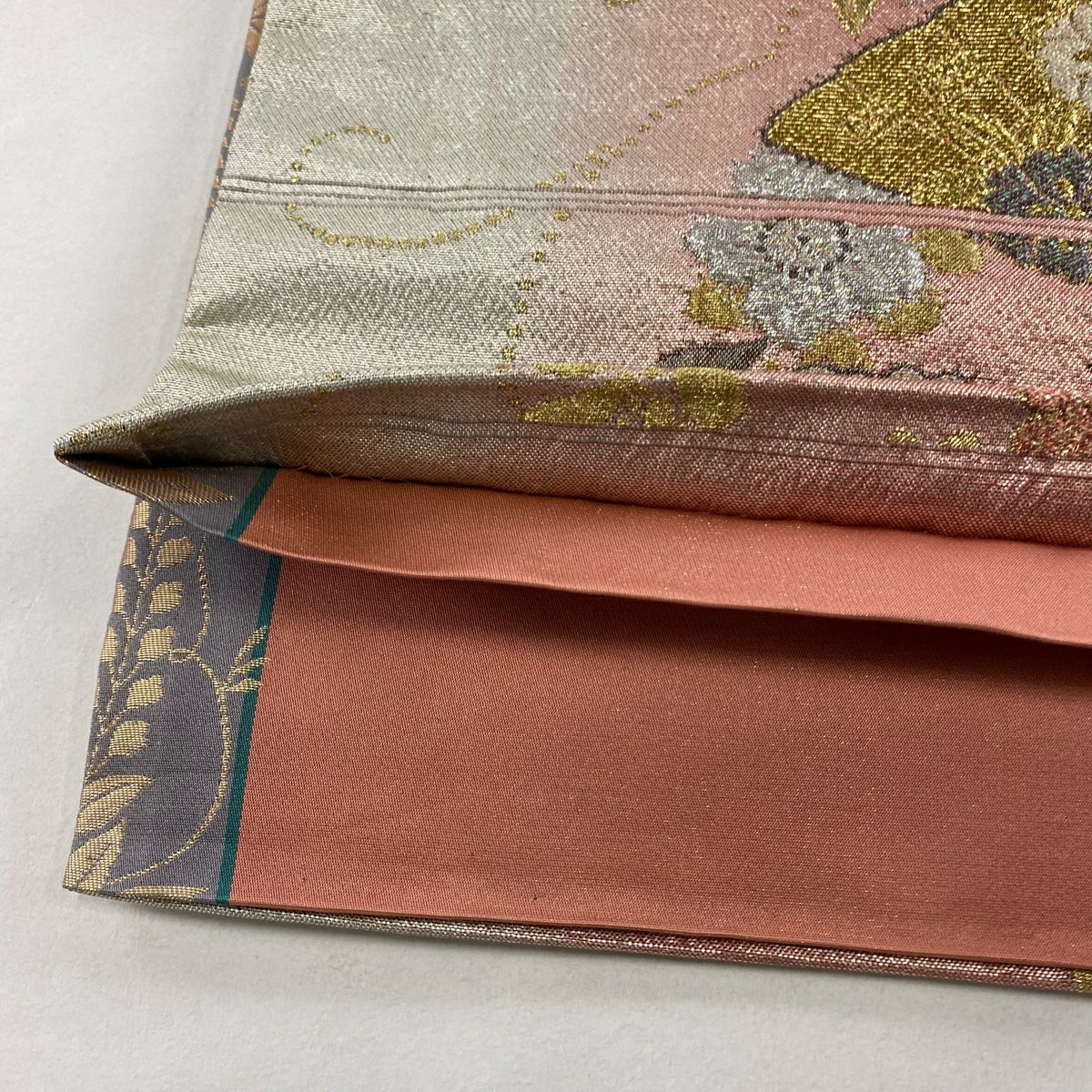 【美品】 袋帶 秀品級 花車 扇子 金絲 金金箔 粉色 六通 純蠶絲