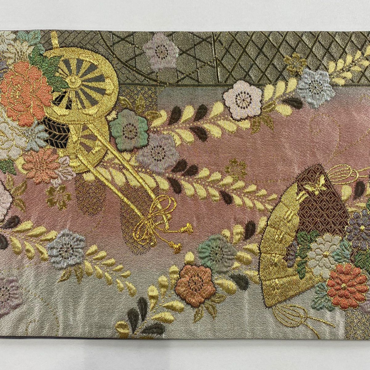 【美品】 袋帶 秀品級 花車 扇子 金絲 金金箔 粉色 六通 純蠶絲