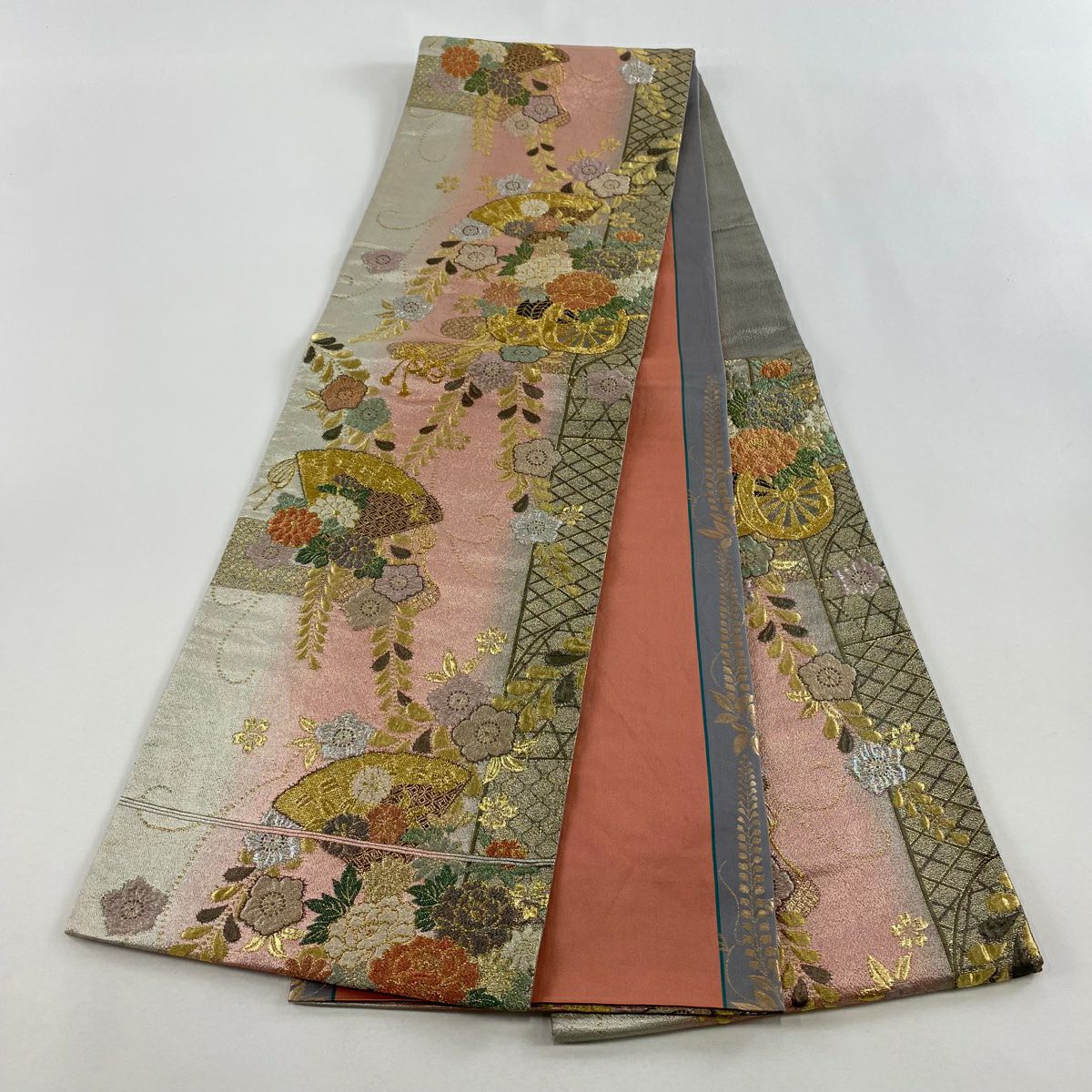 【美品】 袋帶 秀品級 花車 扇子 金絲 金金箔 粉色 六通 純蠶絲