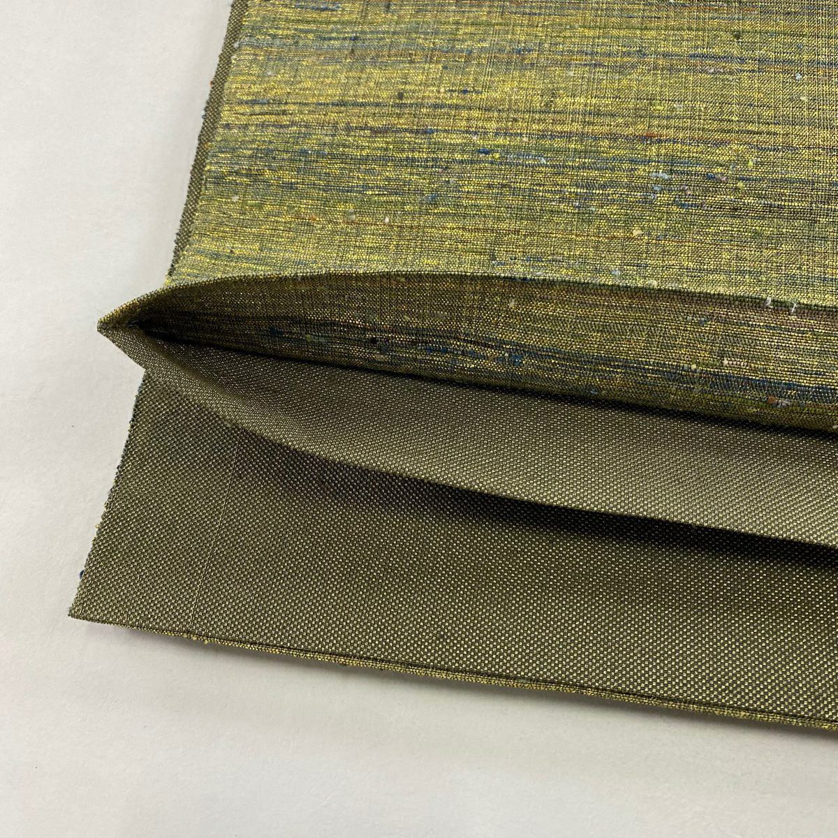 【美品】 袋帶 秀品級 霞 幾何學圖案 金絲 茶綠 お太鼓圖案 純蠶絲