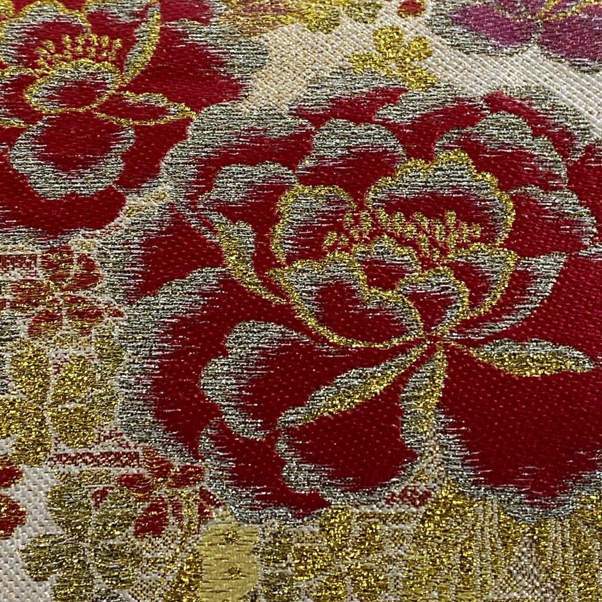 【美品】 袋帶 秀品級 草花紋紋 蝶 金糸 金金箔 奶油色 六通 純蠶絲