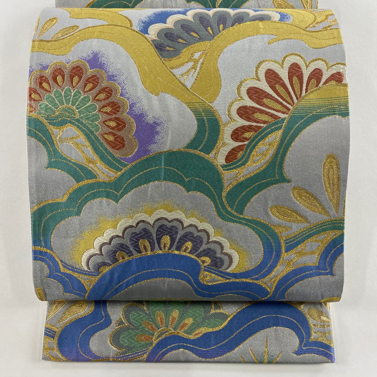 【美品】 袋帶 秀品級 松樹 金絲 唐織 銀色 六通 純蠶絲