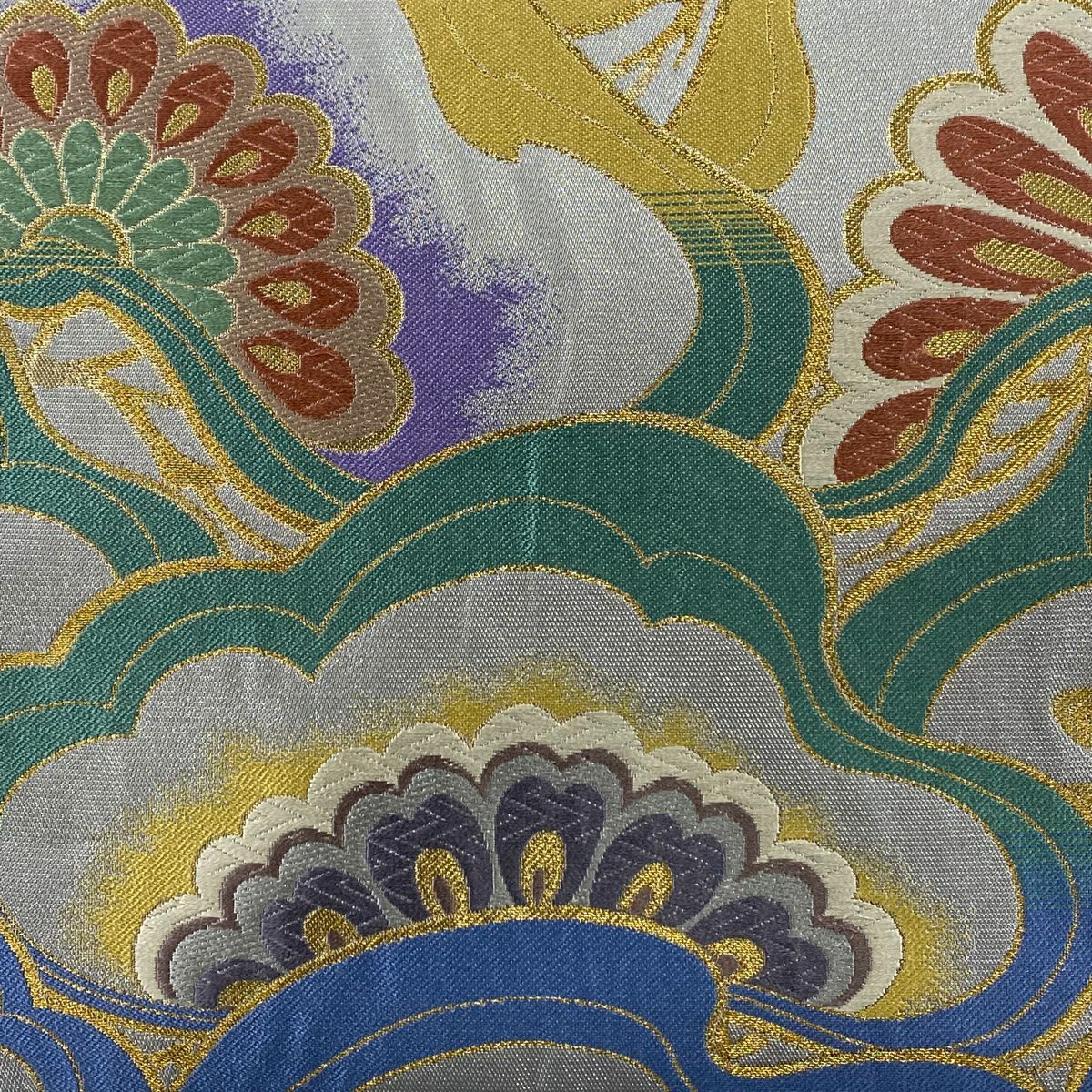 【美品】 袋帶 秀品級 松樹 金絲 唐織 銀色 六通 純蠶絲