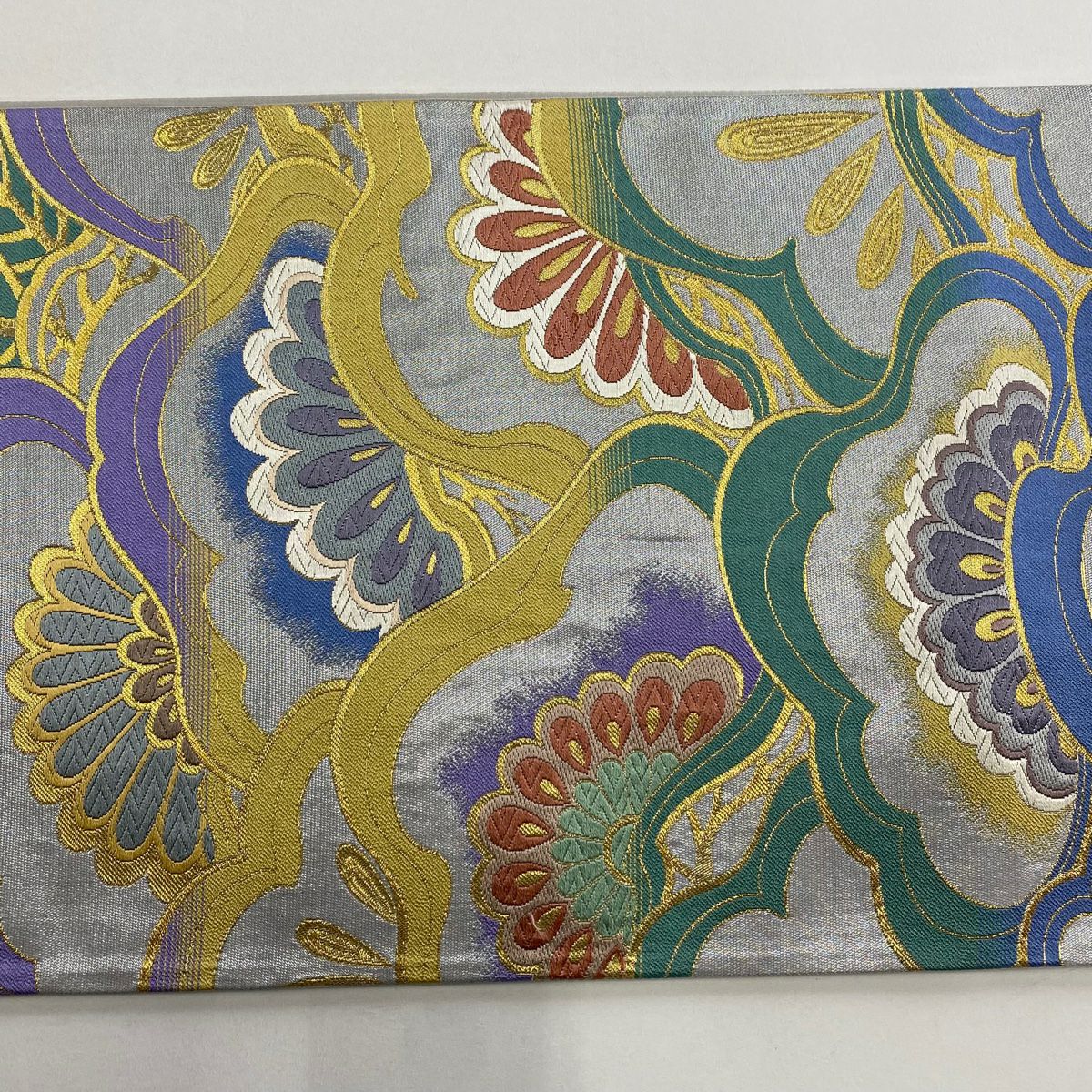 【美品】 袋帶 秀品級 松樹 金絲 唐織 銀色 六通 純蠶絲