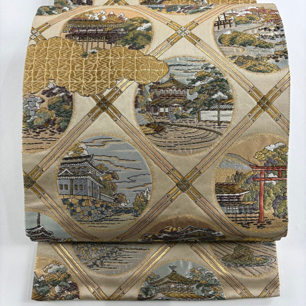 【美品】 袋帶 秀品級 建築 雲紋 金絲 金金箔 淺茶 細帶圖案 純蠶絲