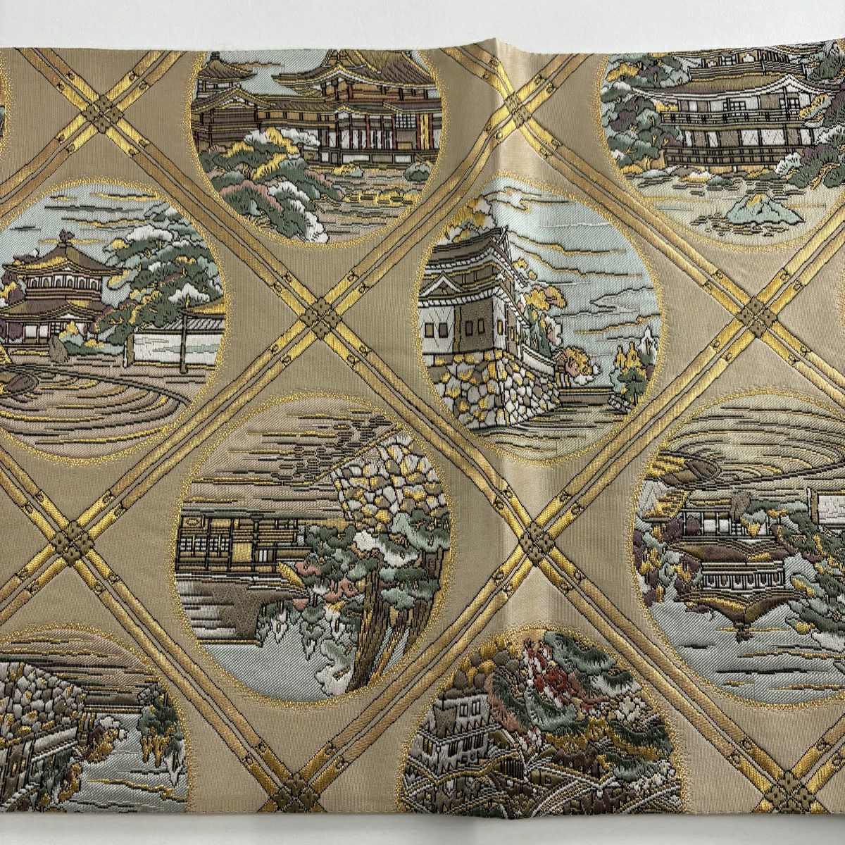 【美品】 袋帶 秀品級 建築 雲紋 金絲 金金箔 淺茶 細帶圖案 純蠶絲