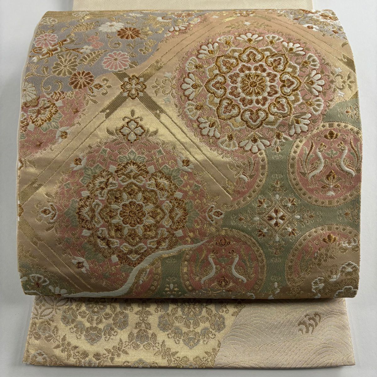 【美品】 袋帶 秀品級 華紋 向鳥 金絲 金金箔 金色 六通 純蠶絲