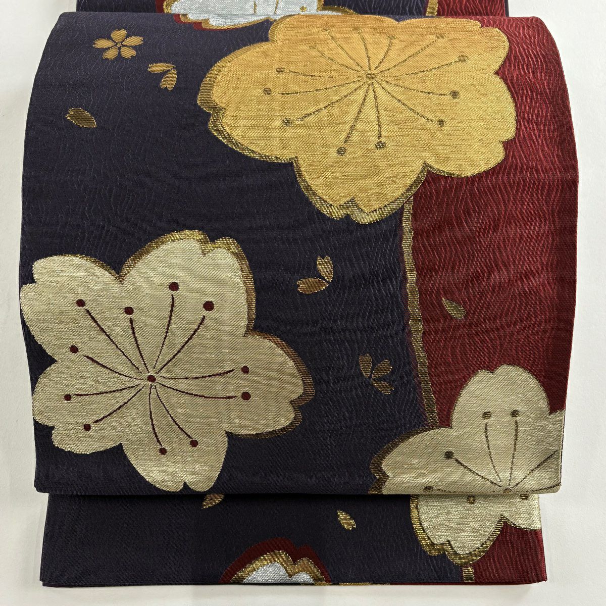 【美品】 袋帶 秀品級 樱花花瓣 金金箔 紫色 六通 純蠶絲