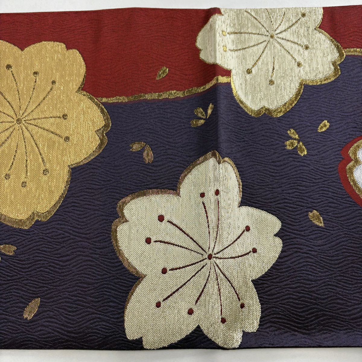 【美品】 袋帶 秀品級 樱花花瓣 金金箔 紫色 六通 純蠶絲