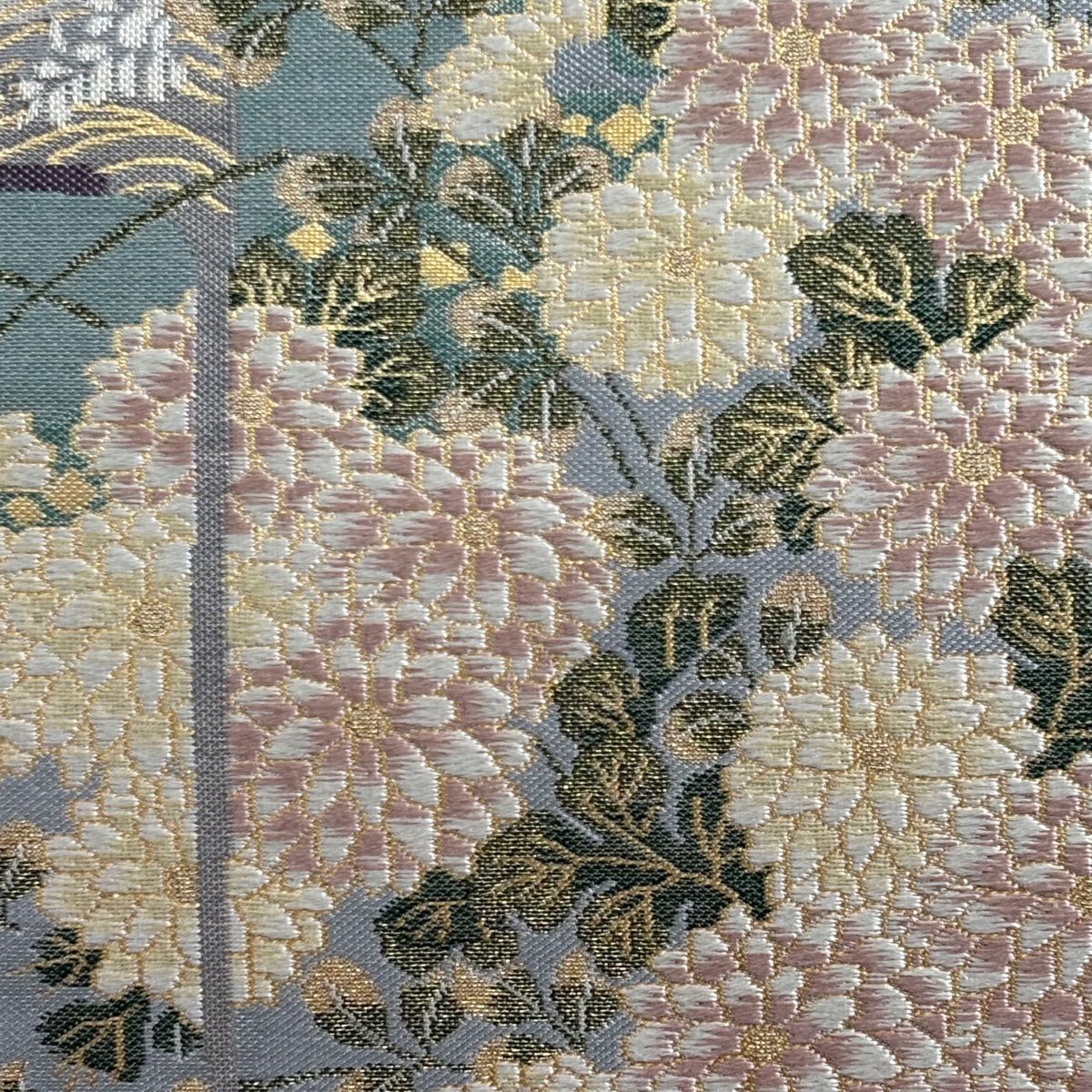 【美品】 袋帶 秀品級 菊花 波 金糸 金金箔 灰茶 六通 純蠶絲