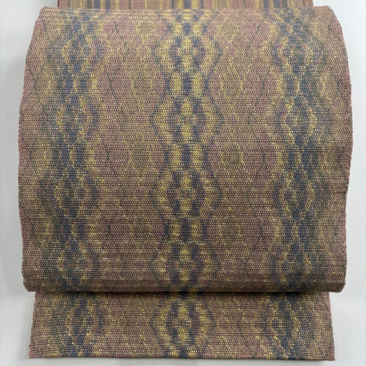 【美品】 袋帶 秀品級 幾何學 金絲 粉米色 大鼓圖案 純蠶絲