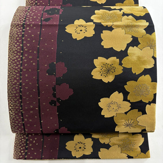 【美品】 袋帶 優品級 櫻花 條紋 金絲 黑色 六通 純蠶絲