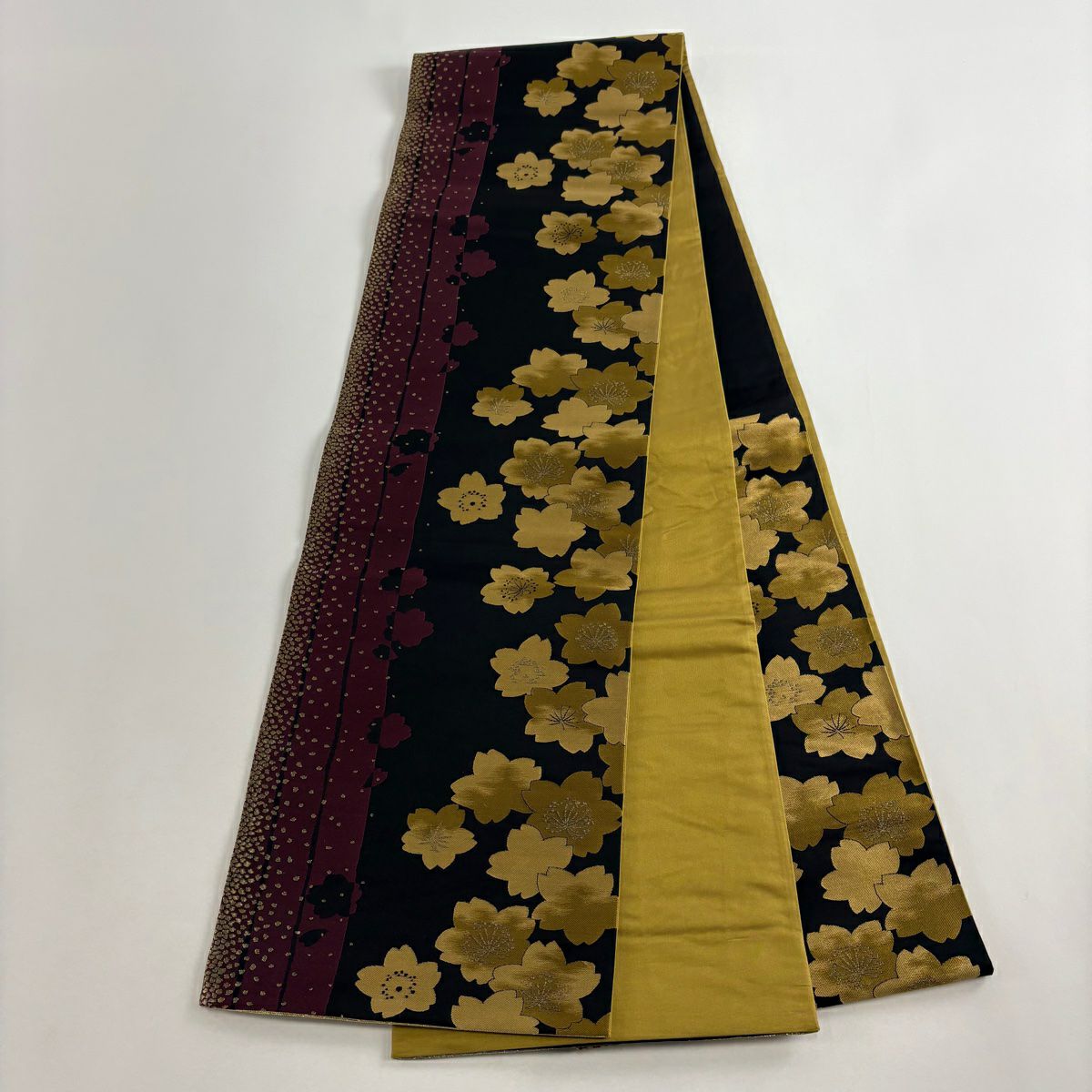 【美品】 袋帶 優品級 櫻花 條紋 金絲 黑色 六通 純蠶絲