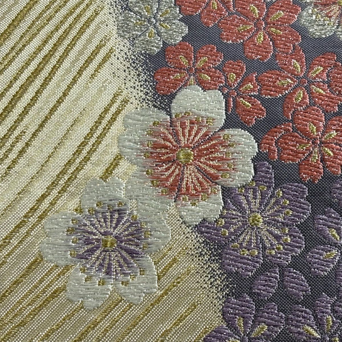 【美品】 袋帶 秀品級 櫻花 幾何學 金絲 金金箔 金 六通 純蠶絲