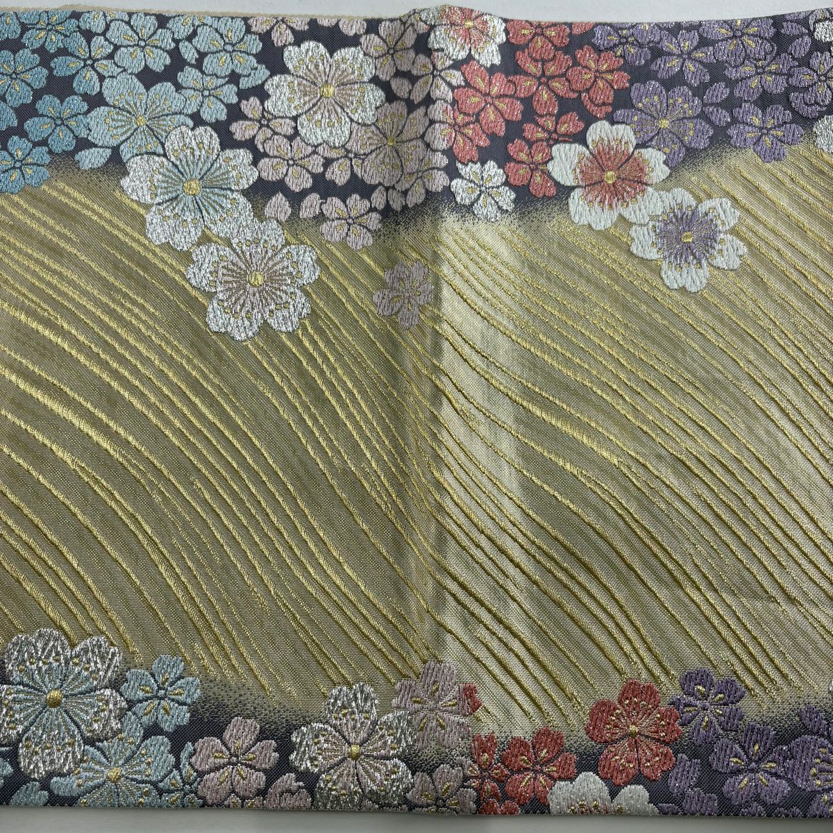 【美品】 袋帶 秀品級 櫻花 幾何學 金絲 金金箔 金 六通 純蠶絲