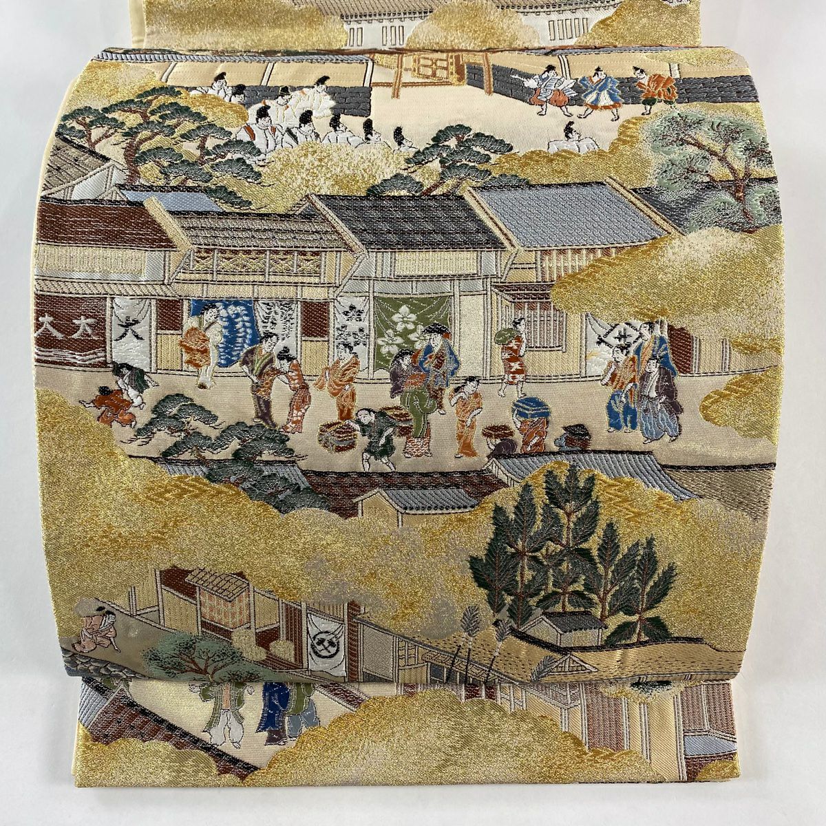 【美品】 袋帶 秀品級 六角堂周邊 五條新町通的喧鬧 人物 金絲 金金箔 金色 大鼓圖案 純蠶絲
