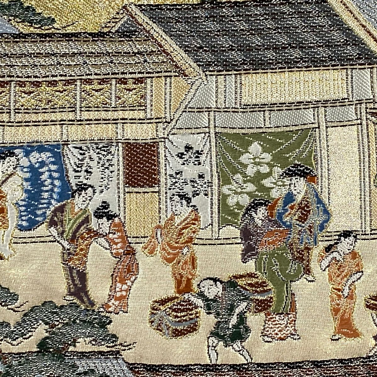 【美品】 袋帶 秀品級 六角堂周邊 五條新町通的喧鬧 人物 金絲 金金箔 金色 大鼓圖案 純蠶絲