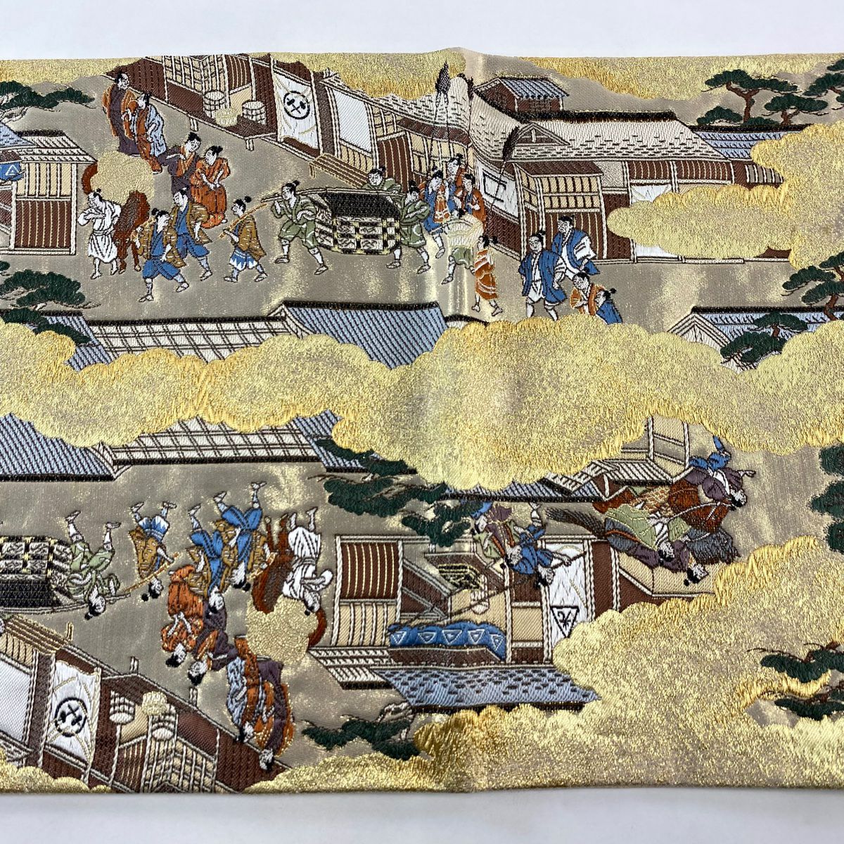 【美品】 袋帶 秀品級 六角堂周邊 五條新町通的喧鬧 人物 金絲 金金箔 金色 大鼓圖案 純蠶絲