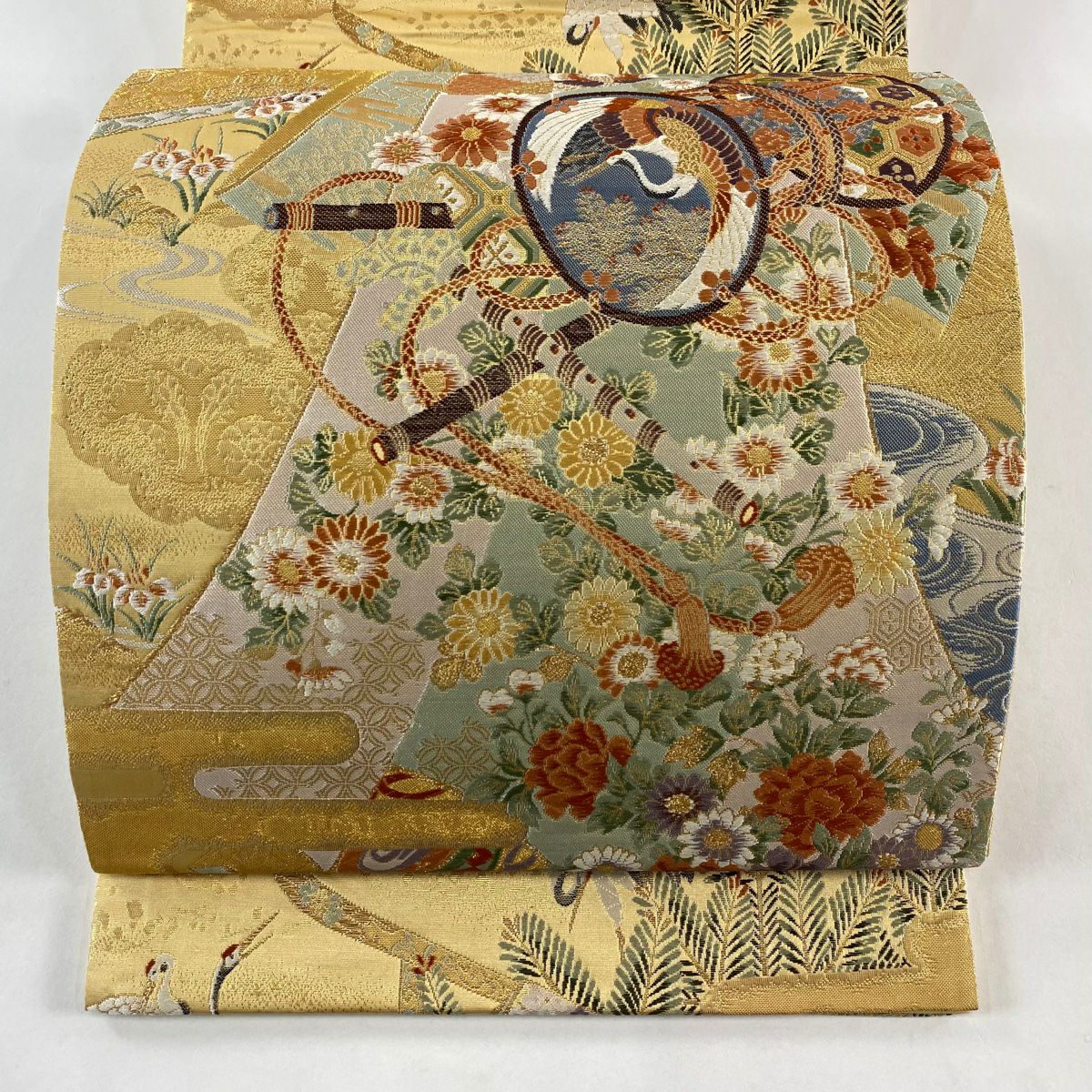 【美品】 袋帶 秀品級 誰が袖 鼓 金絲 金金箔 黃土色 六通 純蠶絲