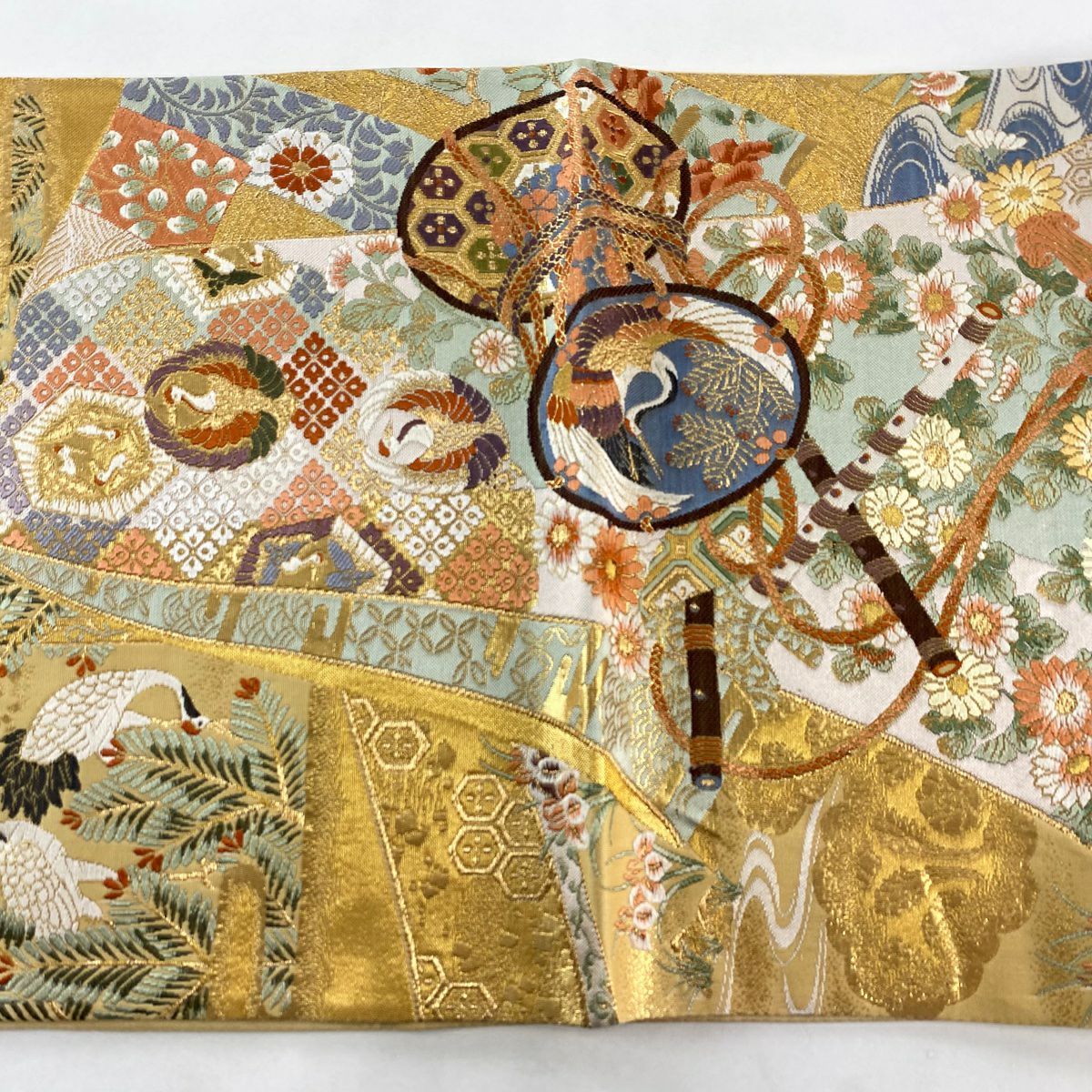 【美品】 袋帶 秀品級 誰が袖 鼓 金絲 金金箔 黃土色 六通 純蠶絲