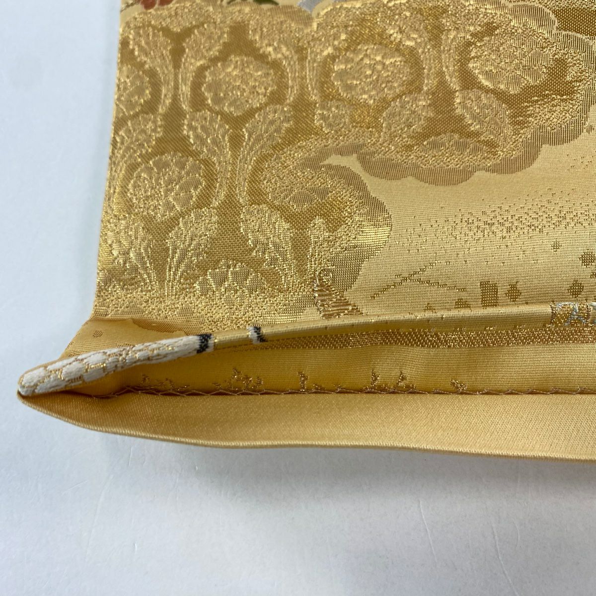 【美品】 袋帶 秀品級 誰が袖 鼓 金絲 金金箔 黃土色 六通 純蠶絲