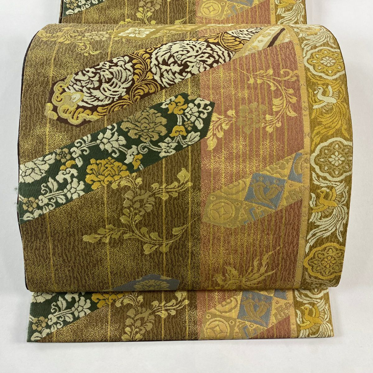 袋帶 秀品級 花唐草紋 鳳凰 金金箔 茶 六通 純蠶絲
