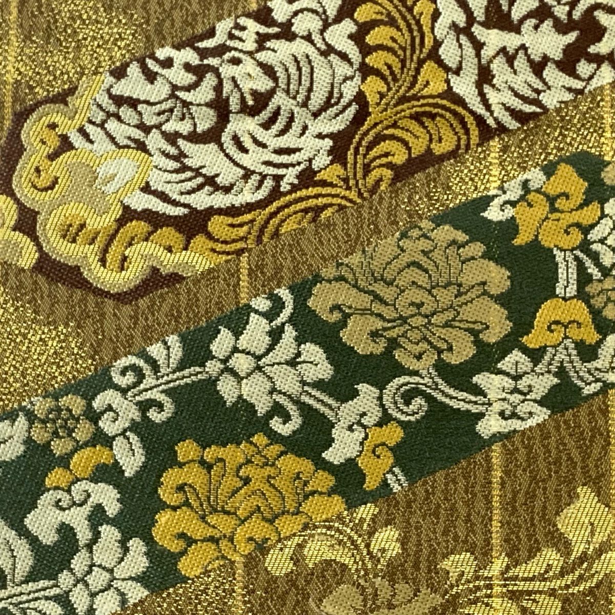 袋帶 秀品級 花唐草紋 鳳凰 金金箔 茶 六通 純蠶絲