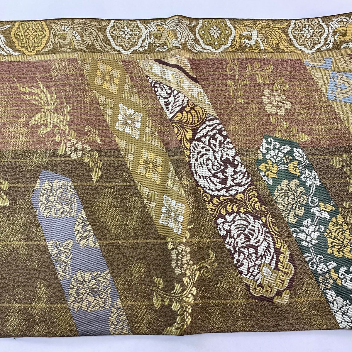 袋帶 秀品級 花唐草紋 鳳凰 金金箔 茶 六通 純蠶絲