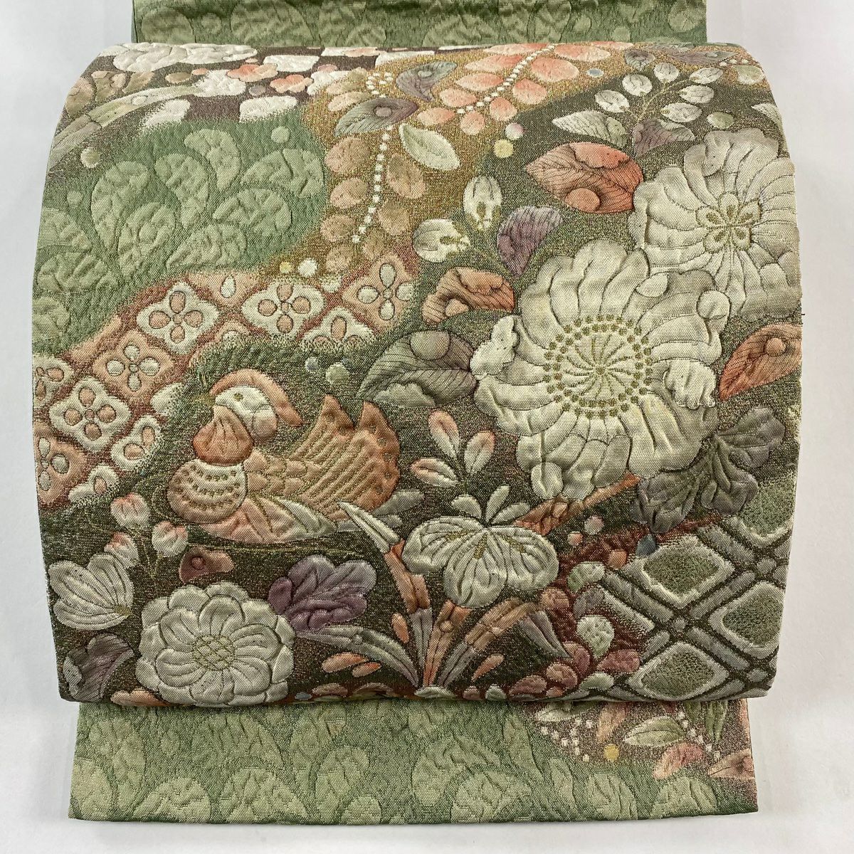袋帶 秀品級 鴛鴦 草花紋 金糸 金金箔 淺綠 お太鼓圖案 純蠶絲