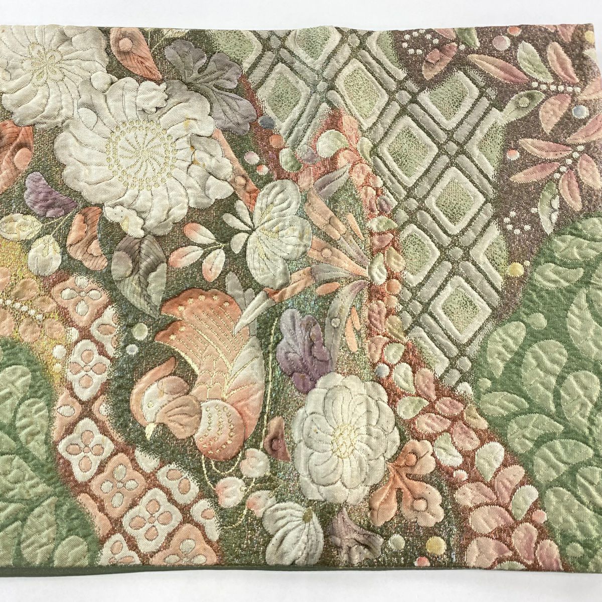 袋帶 秀品級 鴛鴦 草花紋 金糸 金金箔 淺綠 お太鼓圖案 純蠶絲