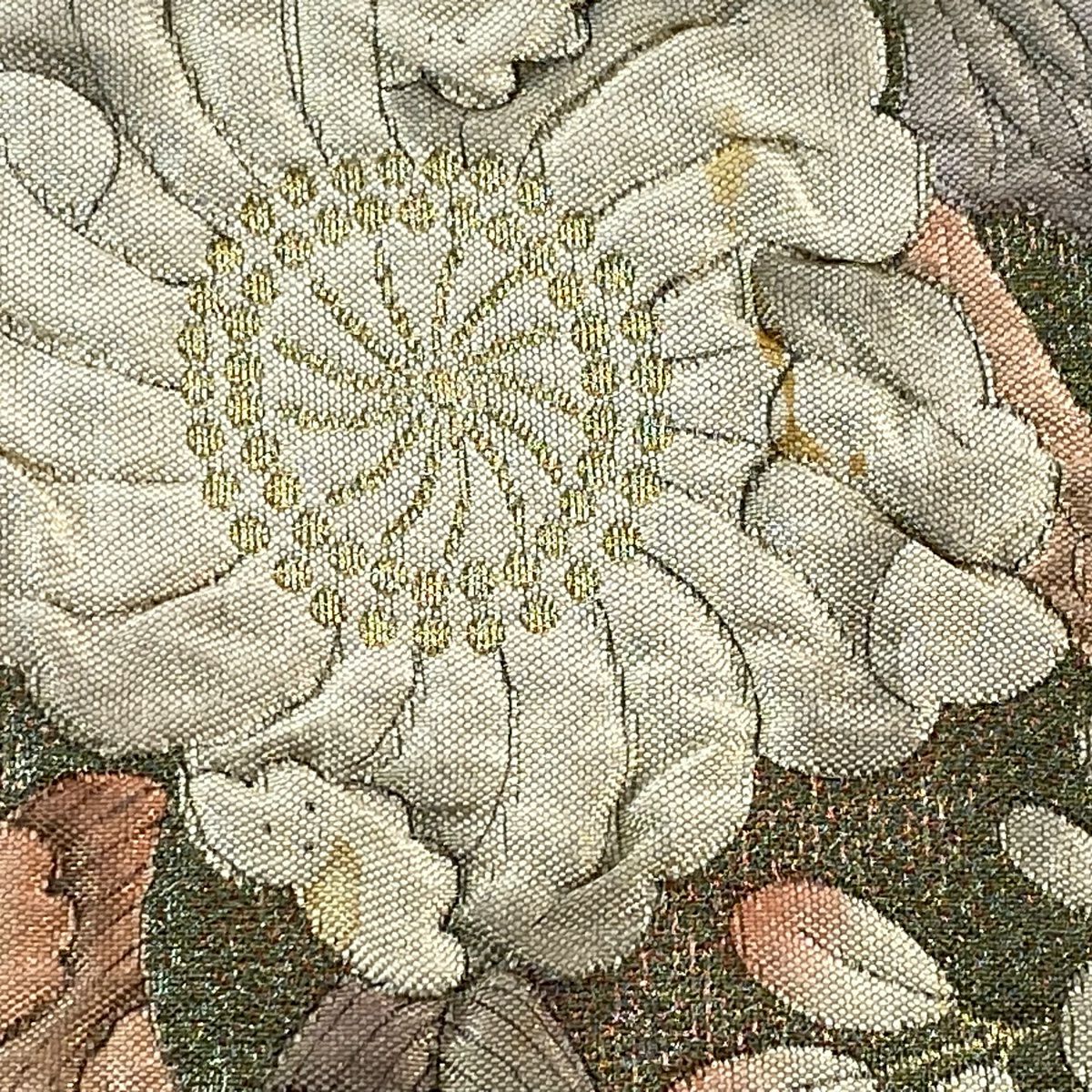 袋帶 秀品級 鴛鴦 草花紋 金糸 金金箔 淺綠 お太鼓圖案 純蠶絲
