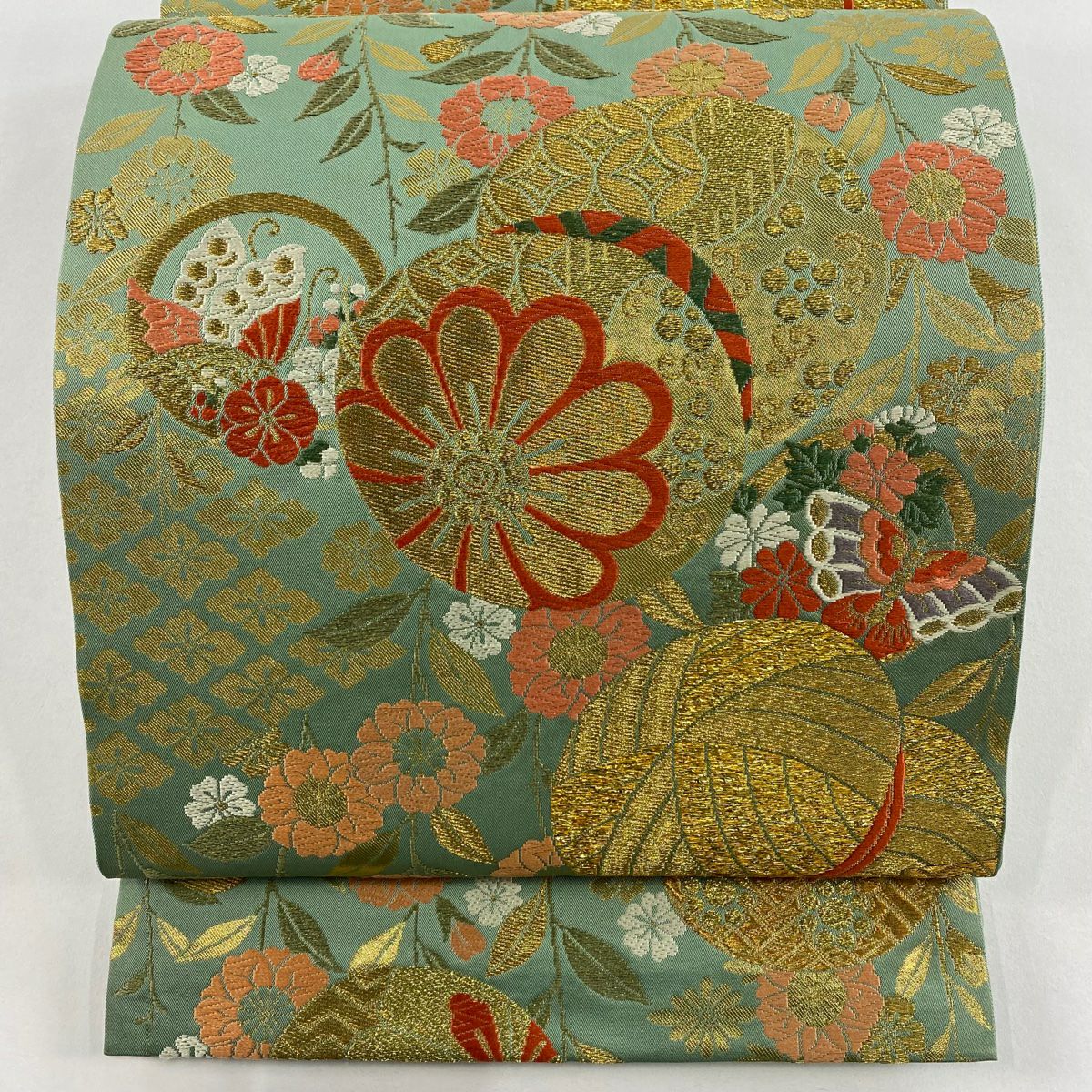 【美品】 袋帶 秀品級 鞠 草花紋 金糸 金金箔 綠 六通 純蠶絲
