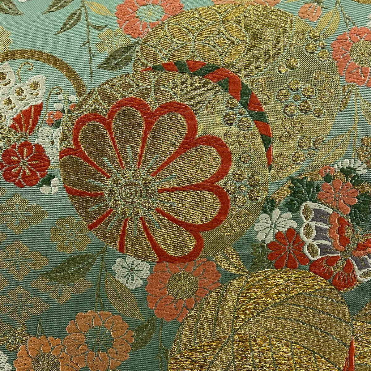 【美品】 袋帶 秀品級 鞠 草花紋 金糸 金金箔 綠 六通 純蠶絲