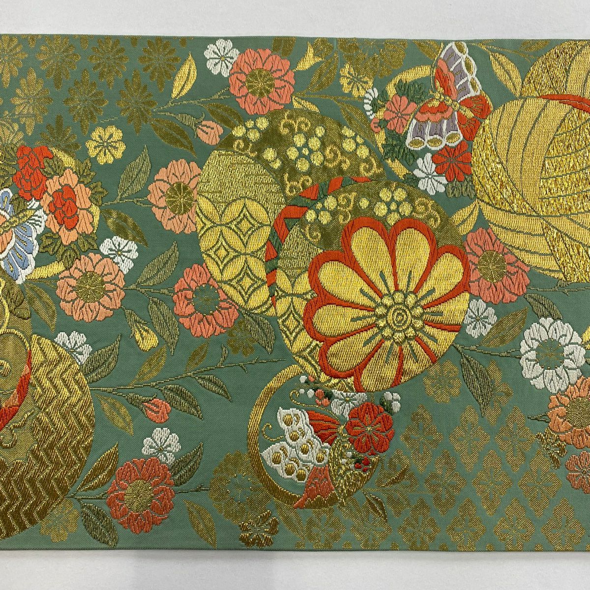 【美品】 袋帶 秀品級 鞠 草花紋 金糸 金金箔 綠 六通 純蠶絲