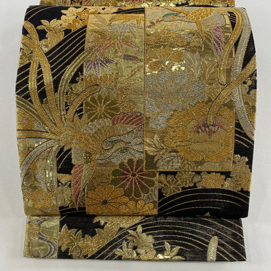 袋帶 秀品級 花鳥 波 金金箔 金絲 墨 六通 純蠶絲